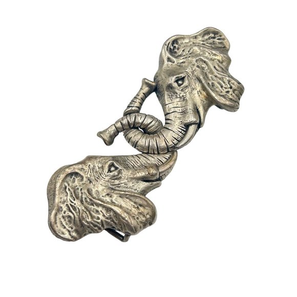 Signed PAQUETTE Elephants Belt Buckle Vintage Statement Accessories Silver Tone - Picture 1 of 7